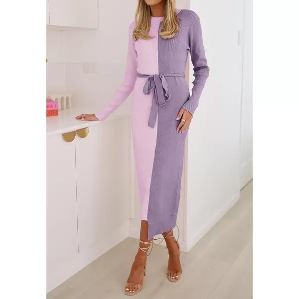 imageZESICA Womens 2023 Fall Ribbed Knit Sweater Dress Elegant Long Sleeve Color Block Tie Waist Slim Fit Bodycon Midi DressesPurple