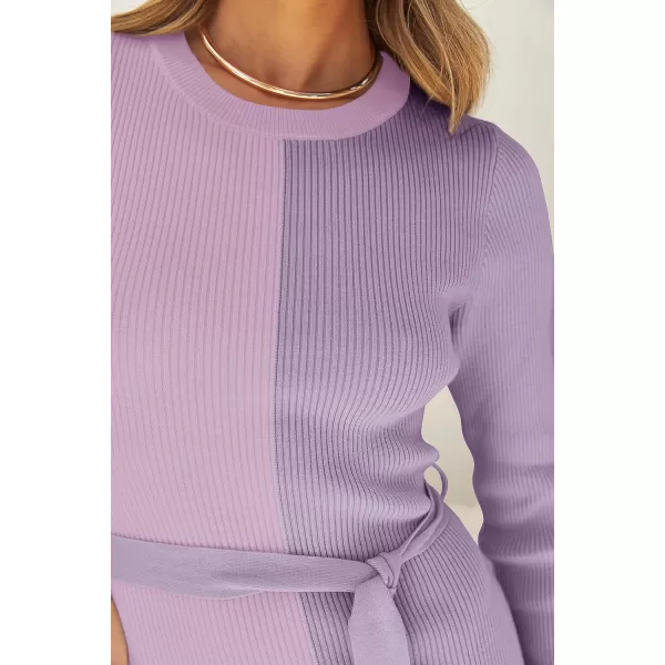 imageZESICA Womens 2023 Fall Ribbed Knit Sweater Dress Elegant Long Sleeve Color Block Tie Waist Slim Fit Bodycon Midi DressesPurple