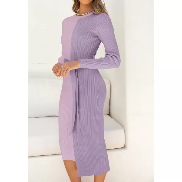 imageZESICA Womens 2023 Fall Ribbed Knit Sweater Dress Elegant Long Sleeve Color Block Tie Waist Slim Fit Bodycon Midi DressesPurple