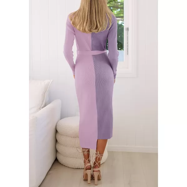 imageZESICA Womens 2023 Fall Ribbed Knit Sweater Dress Elegant Long Sleeve Color Block Tie Waist Slim Fit Bodycon Midi DressesPurple