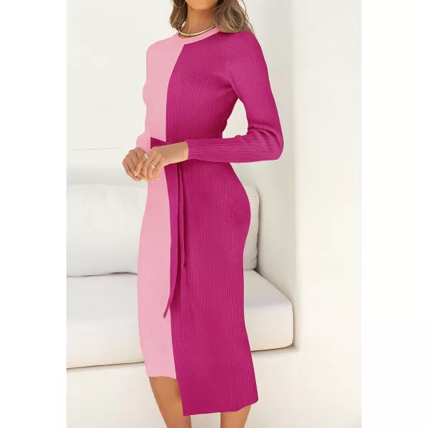 imageZESICA Womens 2023 Fall Ribbed Knit Sweater Dress Elegant Long Sleeve Color Block Tie Waist Slim Fit Bodycon Midi DressesRose