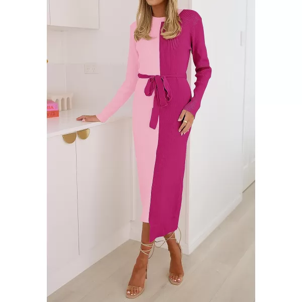 imageZESICA Womens 2023 Fall Ribbed Knit Sweater Dress Elegant Long Sleeve Color Block Tie Waist Slim Fit Bodycon Midi DressesRose