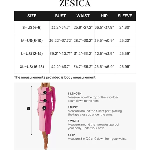 imageZESICA Womens 2023 Fall Ribbed Knit Sweater Dress Elegant Long Sleeve Color Block Tie Waist Slim Fit Bodycon Midi DressesRose