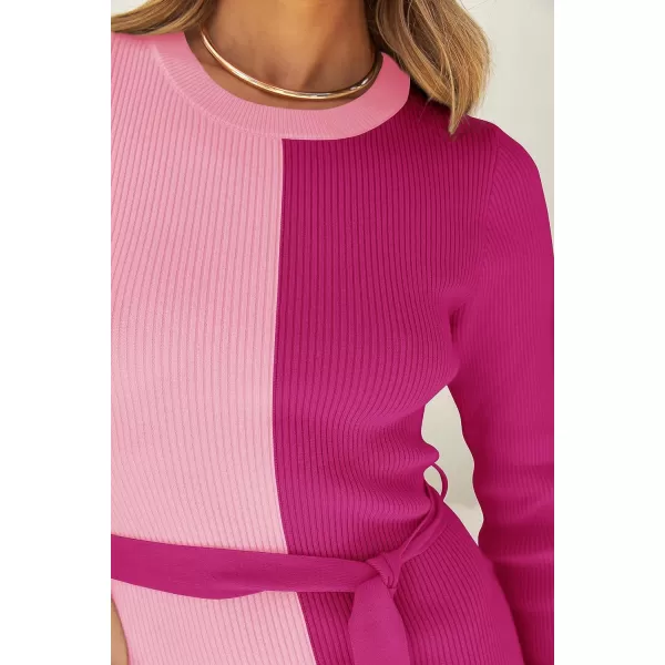 imageZESICA Womens 2023 Fall Ribbed Knit Sweater Dress Elegant Long Sleeve Color Block Tie Waist Slim Fit Bodycon Midi DressesRose