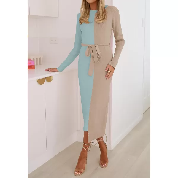 imageZESICA Womens 2023 Fall Ribbed Knit Sweater Dress Elegant Long Sleeve Color Block Tie Waist Slim Fit Bodycon Midi DressesSage