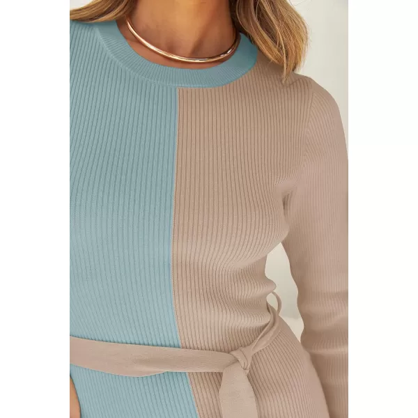 imageZESICA Womens 2023 Fall Ribbed Knit Sweater Dress Elegant Long Sleeve Color Block Tie Waist Slim Fit Bodycon Midi DressesSage