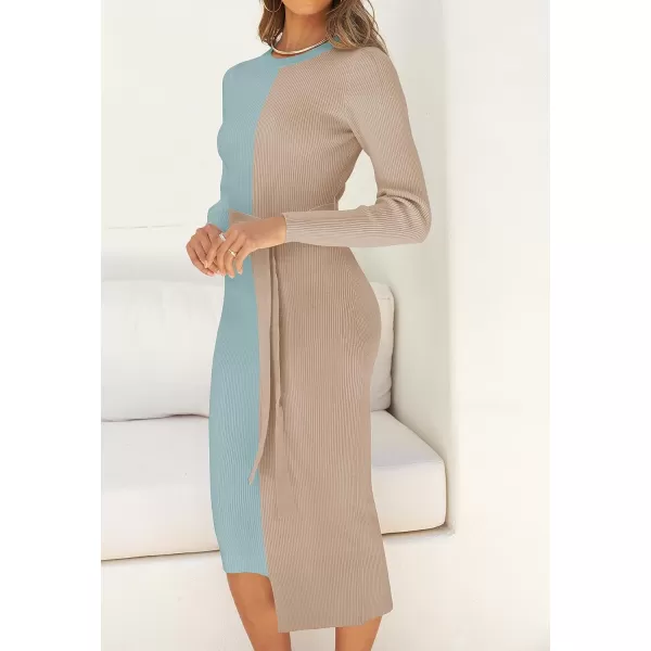 imageZESICA Womens 2023 Fall Ribbed Knit Sweater Dress Elegant Long Sleeve Color Block Tie Waist Slim Fit Bodycon Midi DressesSage