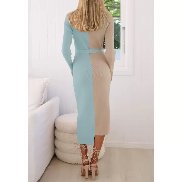 imageZESICA Womens 2023 Fall Ribbed Knit Sweater Dress Elegant Long Sleeve Color Block Tie Waist Slim Fit Bodycon Midi DressesSage