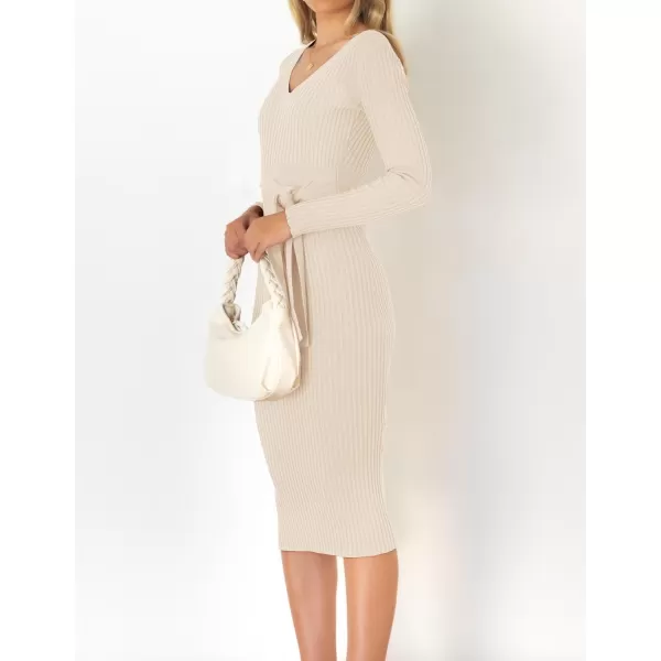 imageZESICA Womens 2023 Fall Sweater Dress V Neck Long Sleeve Ribbed Knit Tie Waist Slim Fit Bodycon Midi DressesApricot