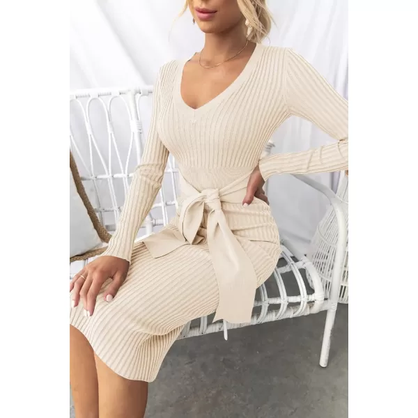 imageZESICA Womens 2023 Fall Sweater Dress V Neck Long Sleeve Ribbed Knit Tie Waist Slim Fit Bodycon Midi DressesApricot