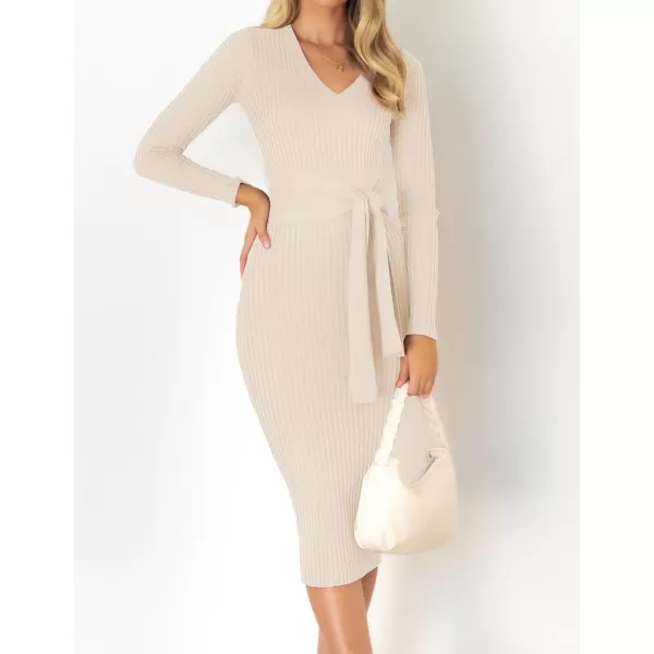 imageZESICA Womens 2023 Fall Sweater Dress V Neck Long Sleeve Ribbed Knit Tie Waist Slim Fit Bodycon Midi DressesApricot