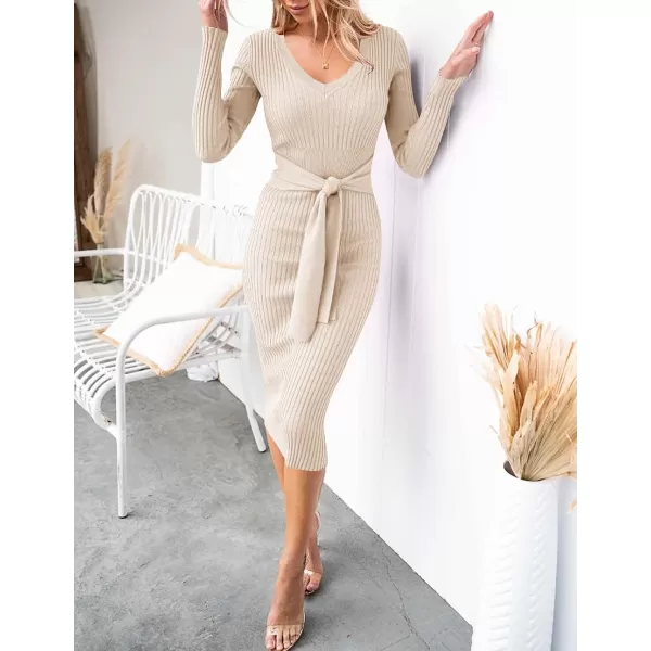 imageZESICA Womens 2023 Fall Sweater Dress V Neck Long Sleeve Ribbed Knit Tie Waist Slim Fit Bodycon Midi DressesApricot