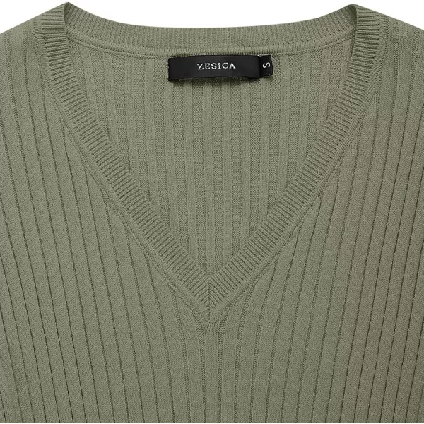 imageZESICA Womens 2023 Fall Sweater Dress V Neck Long Sleeve Ribbed Knit Tie Waist Slim Fit Bodycon Midi DressesArmygreen