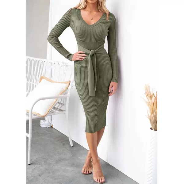 imageZESICA Womens 2023 Fall Sweater Dress V Neck Long Sleeve Ribbed Knit Tie Waist Slim Fit Bodycon Midi DressesArmygreen