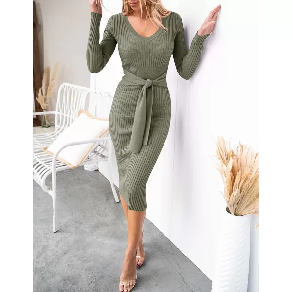 imageZESICA Womens 2023 Fall Sweater Dress V Neck Long Sleeve Ribbed Knit Tie Waist Slim Fit Bodycon Midi DressesArmygreen