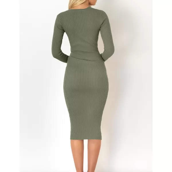 imageZESICA Womens 2023 Fall Sweater Dress V Neck Long Sleeve Ribbed Knit Tie Waist Slim Fit Bodycon Midi DressesArmygreen