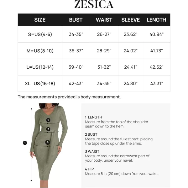 imageZESICA Womens 2023 Fall Sweater Dress V Neck Long Sleeve Ribbed Knit Tie Waist Slim Fit Bodycon Midi DressesArmygreen