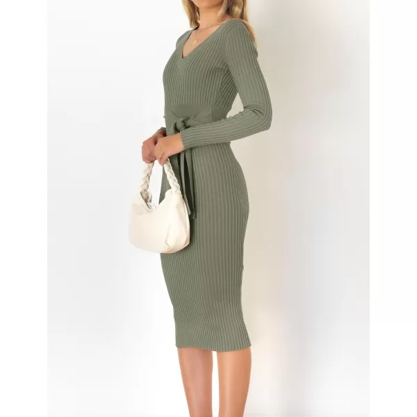 imageZESICA Womens 2023 Fall Sweater Dress V Neck Long Sleeve Ribbed Knit Tie Waist Slim Fit Bodycon Midi DressesArmygreen