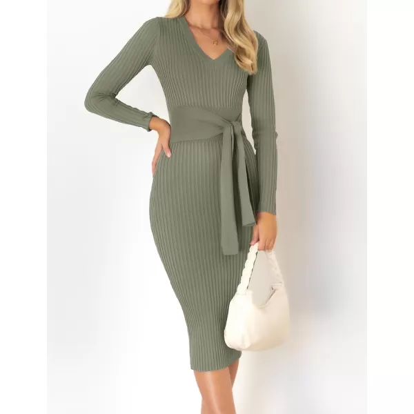 imageZESICA Womens 2023 Fall Sweater Dress V Neck Long Sleeve Ribbed Knit Tie Waist Slim Fit Bodycon Midi DressesArmygreen