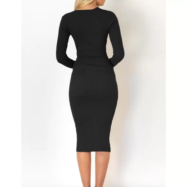 imageZESICA Womens 2023 Fall Sweater Dress V Neck Long Sleeve Ribbed Knit Tie Waist Slim Fit Bodycon Midi DressesBlack