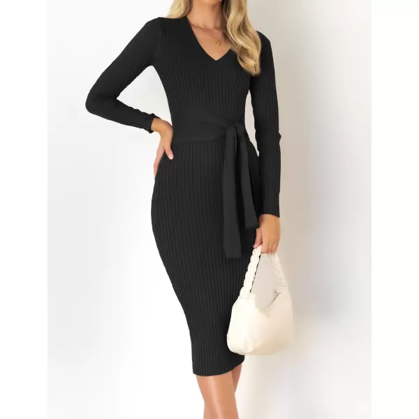 imageZESICA Womens 2023 Fall Sweater Dress V Neck Long Sleeve Ribbed Knit Tie Waist Slim Fit Bodycon Midi DressesBlack