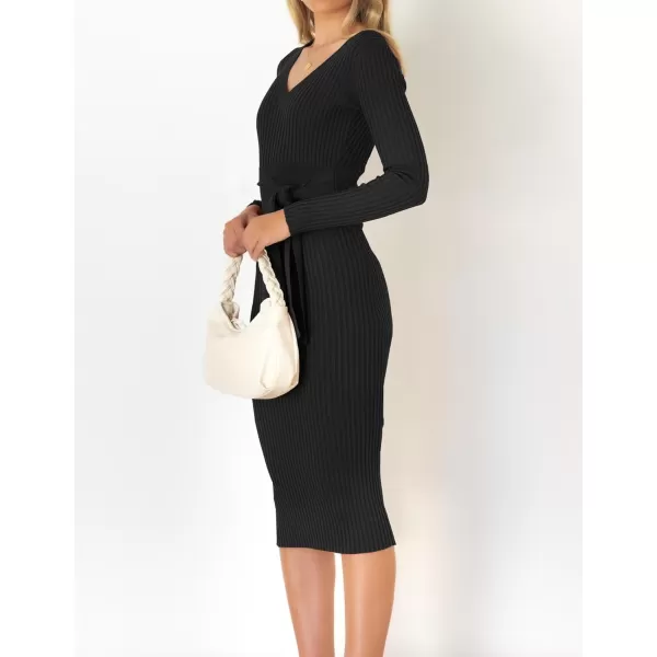 imageZESICA Womens 2023 Fall Sweater Dress V Neck Long Sleeve Ribbed Knit Tie Waist Slim Fit Bodycon Midi DressesBlack
