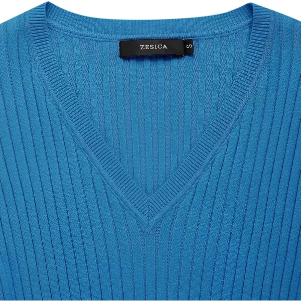 imageZESICA Womens 2023 Fall Sweater Dress V Neck Long Sleeve Ribbed Knit Tie Waist Slim Fit Bodycon Midi DressesCobaltblue
