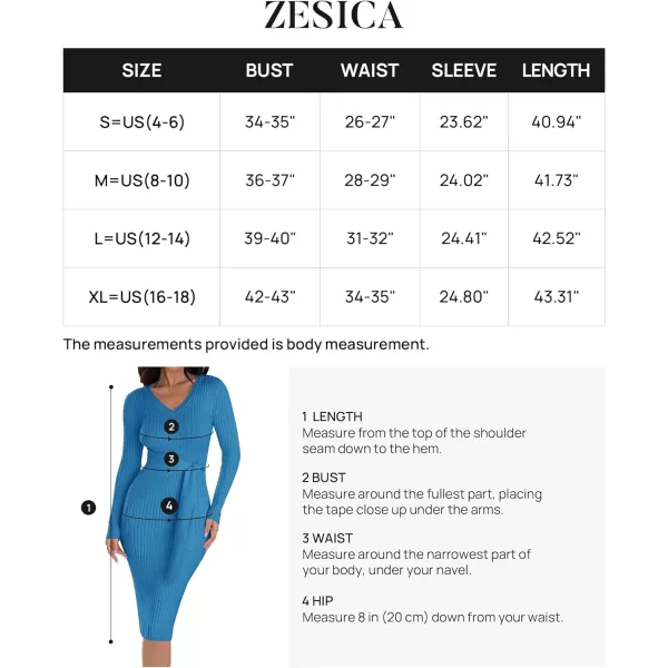 imageZESICA Womens 2023 Fall Sweater Dress V Neck Long Sleeve Ribbed Knit Tie Waist Slim Fit Bodycon Midi DressesCobaltblue