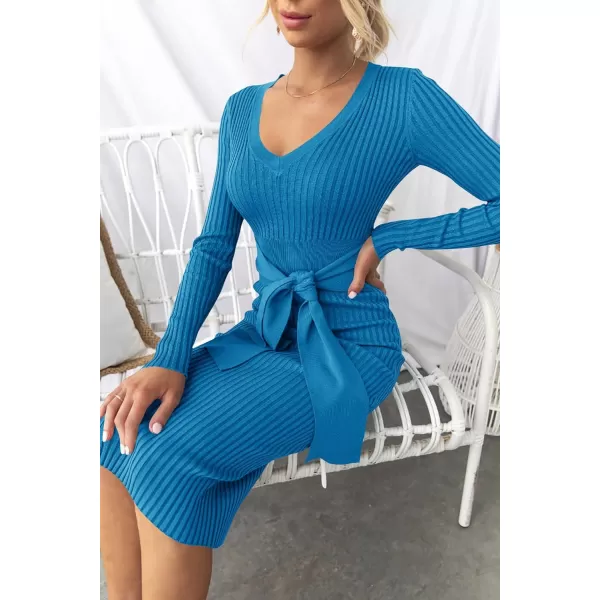 imageZESICA Womens 2023 Fall Sweater Dress V Neck Long Sleeve Ribbed Knit Tie Waist Slim Fit Bodycon Midi DressesCobaltblue