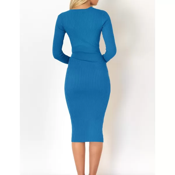 imageZESICA Womens 2023 Fall Sweater Dress V Neck Long Sleeve Ribbed Knit Tie Waist Slim Fit Bodycon Midi DressesCobaltblue