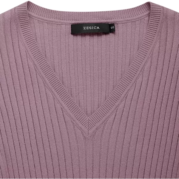 imageZESICA Womens 2023 Fall Sweater Dress V Neck Long Sleeve Ribbed Knit Tie Waist Slim Fit Bodycon Midi DressesDarkviolet