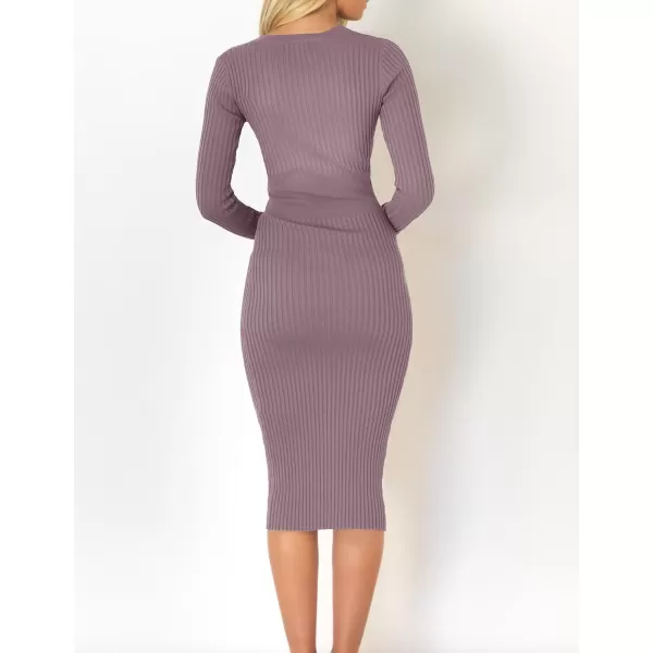 imageZESICA Womens 2023 Fall Sweater Dress V Neck Long Sleeve Ribbed Knit Tie Waist Slim Fit Bodycon Midi DressesDarkviolet