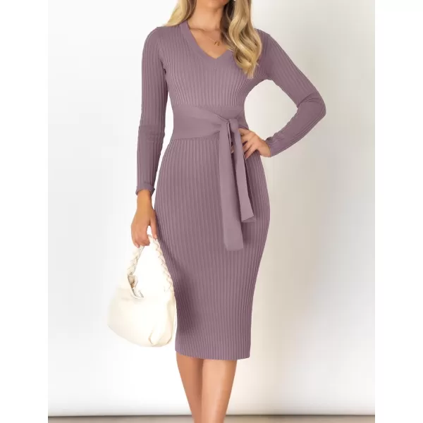 imageZESICA Womens 2023 Fall Sweater Dress V Neck Long Sleeve Ribbed Knit Tie Waist Slim Fit Bodycon Midi DressesDarkviolet