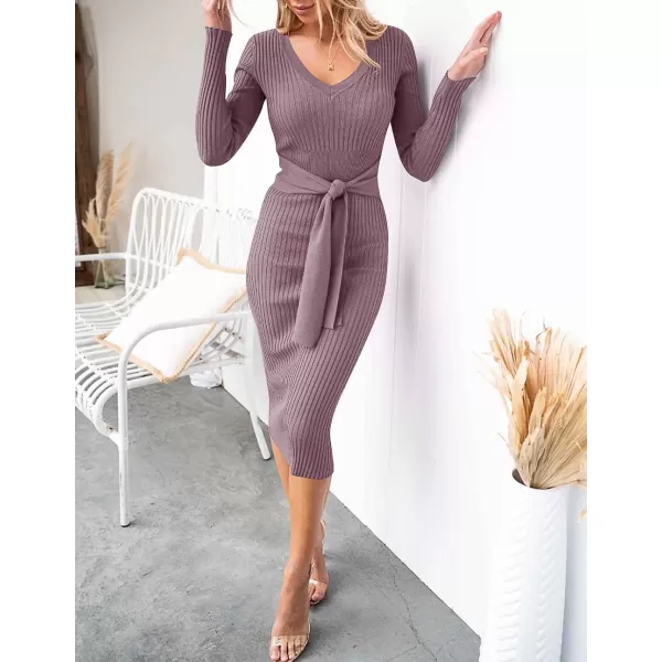 imageZESICA Womens 2023 Fall Sweater Dress V Neck Long Sleeve Ribbed Knit Tie Waist Slim Fit Bodycon Midi DressesDarkviolet