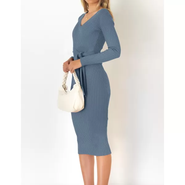 imageZESICA Womens 2023 Fall Sweater Dress V Neck Long Sleeve Ribbed Knit Tie Waist Slim Fit Bodycon Midi DressesDustyblue