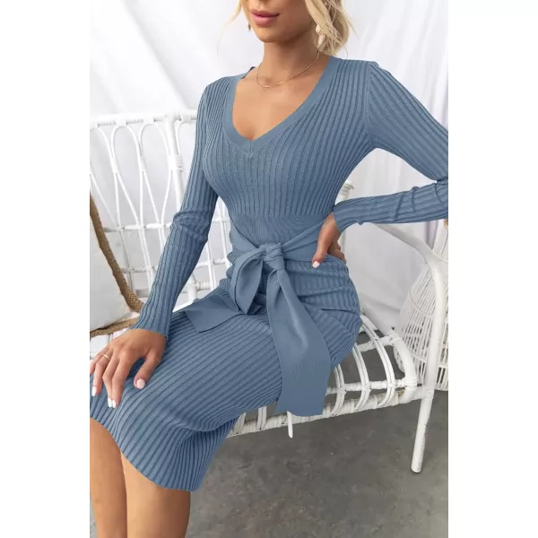 imageZESICA Womens 2023 Fall Sweater Dress V Neck Long Sleeve Ribbed Knit Tie Waist Slim Fit Bodycon Midi DressesDustyblue