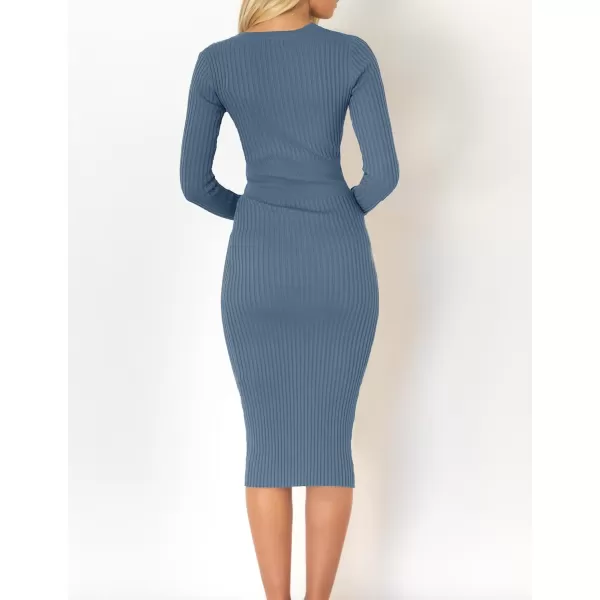 imageZESICA Womens 2023 Fall Sweater Dress V Neck Long Sleeve Ribbed Knit Tie Waist Slim Fit Bodycon Midi DressesDustyblue