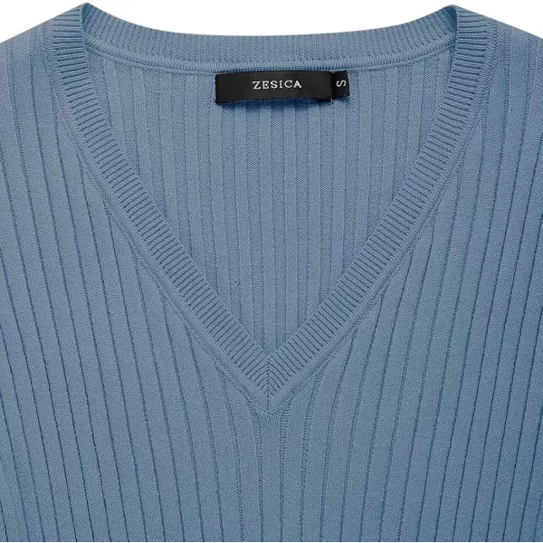 imageZESICA Womens 2023 Fall Sweater Dress V Neck Long Sleeve Ribbed Knit Tie Waist Slim Fit Bodycon Midi DressesDustyblue