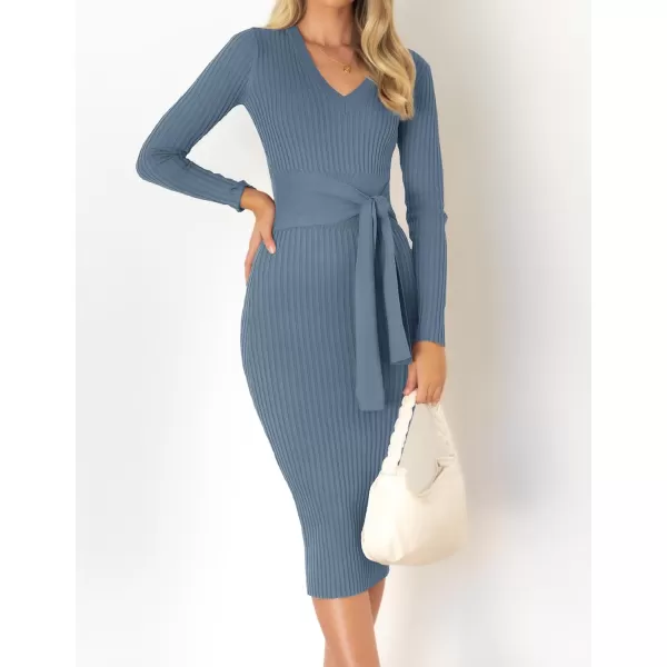 imageZESICA Womens 2023 Fall Sweater Dress V Neck Long Sleeve Ribbed Knit Tie Waist Slim Fit Bodycon Midi DressesDustyblue