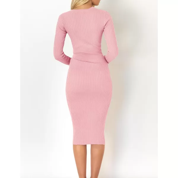 imageZESICA Womens 2023 Fall Sweater Dress V Neck Long Sleeve Ribbed Knit Tie Waist Slim Fit Bodycon Midi DressesPink