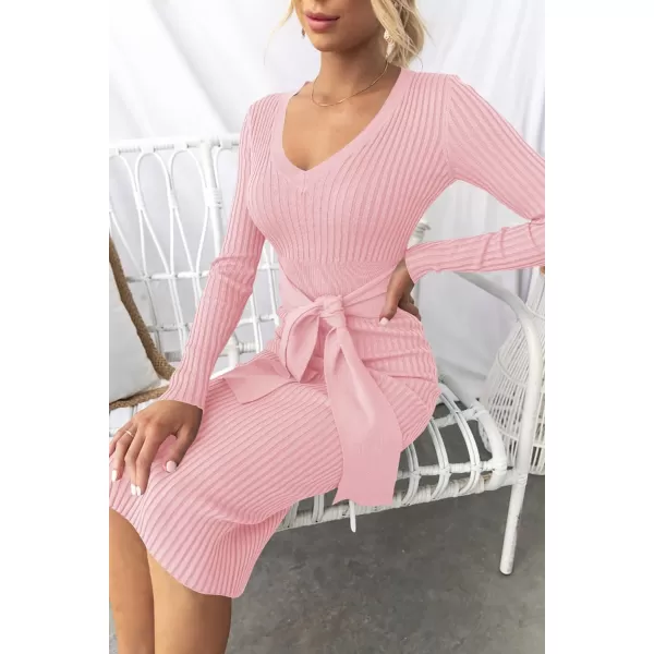 imageZESICA Womens 2023 Fall Sweater Dress V Neck Long Sleeve Ribbed Knit Tie Waist Slim Fit Bodycon Midi DressesPink