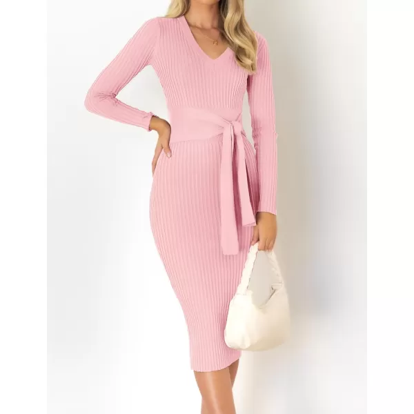imageZESICA Womens 2023 Fall Sweater Dress V Neck Long Sleeve Ribbed Knit Tie Waist Slim Fit Bodycon Midi DressesPink