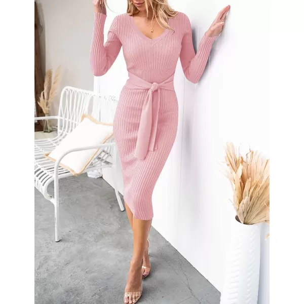 imageZESICA Womens 2023 Fall Sweater Dress V Neck Long Sleeve Ribbed Knit Tie Waist Slim Fit Bodycon Midi DressesPink