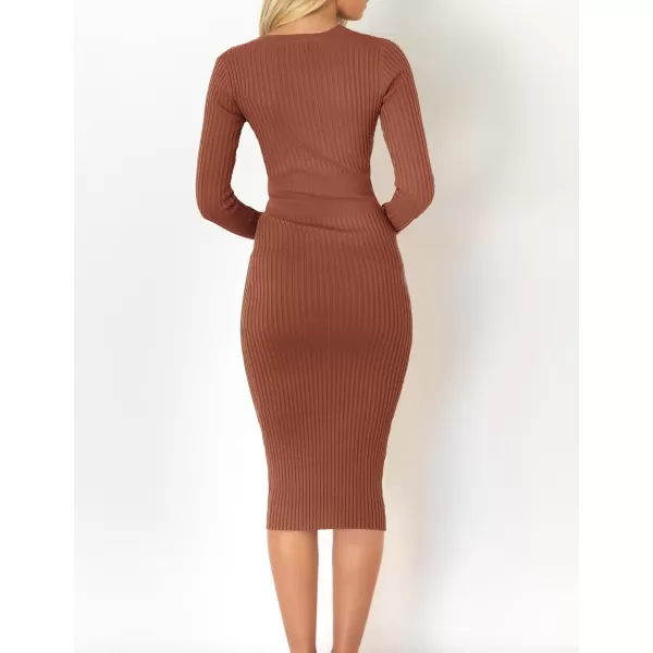 imageZESICA Womens 2023 Fall Sweater Dress V Neck Long Sleeve Ribbed Knit Tie Waist Slim Fit Bodycon Midi DressesRedbrown