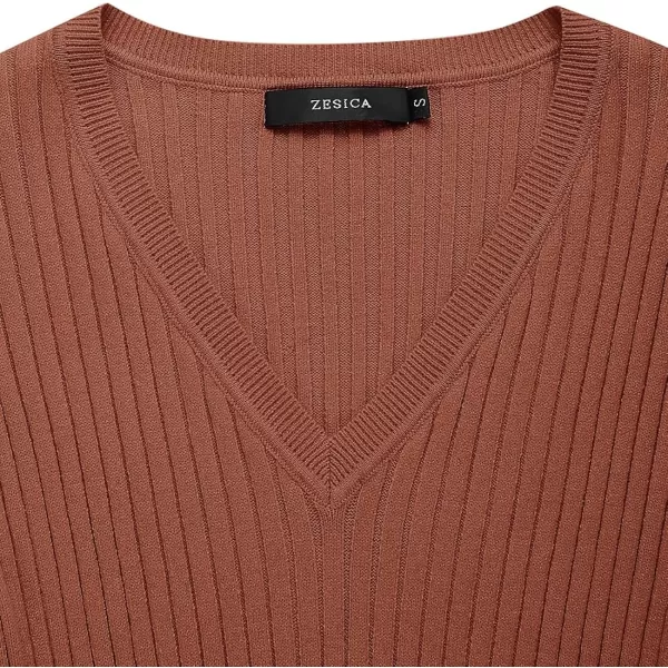 imageZESICA Womens 2023 Fall Sweater Dress V Neck Long Sleeve Ribbed Knit Tie Waist Slim Fit Bodycon Midi DressesRedbrown