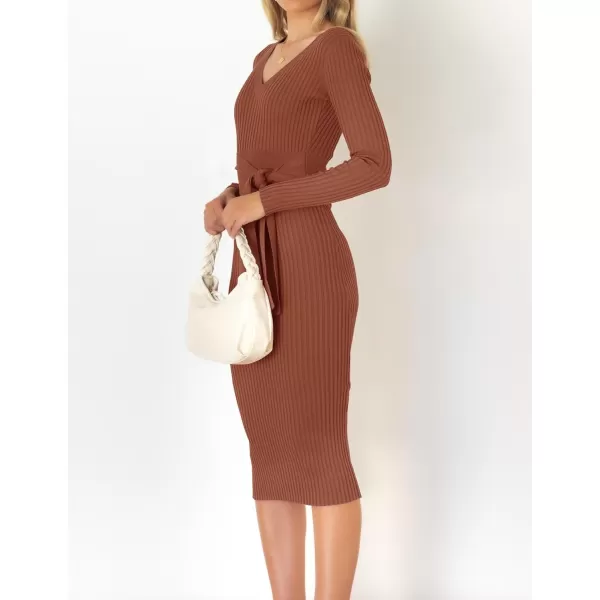 imageZESICA Womens 2023 Fall Sweater Dress V Neck Long Sleeve Ribbed Knit Tie Waist Slim Fit Bodycon Midi DressesRedbrown