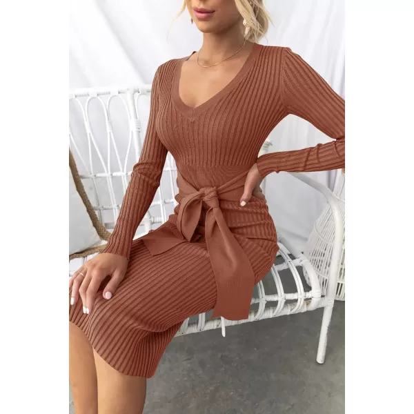 imageZESICA Womens 2023 Fall Sweater Dress V Neck Long Sleeve Ribbed Knit Tie Waist Slim Fit Bodycon Midi DressesRedbrown