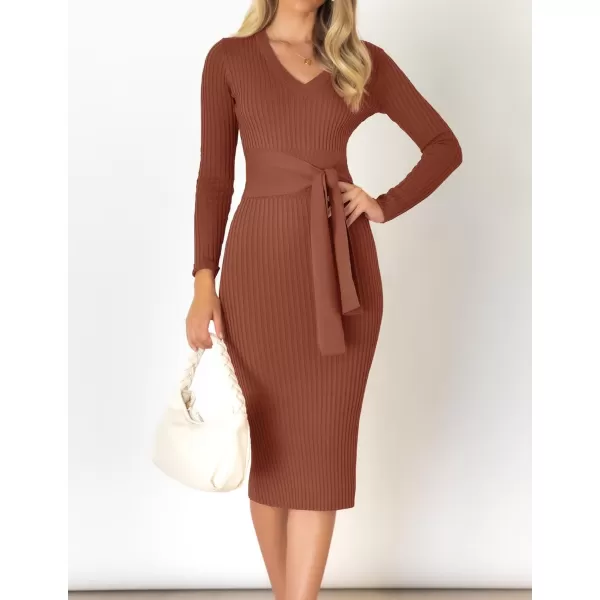 imageZESICA Womens 2023 Fall Sweater Dress V Neck Long Sleeve Ribbed Knit Tie Waist Slim Fit Bodycon Midi DressesRedbrown
