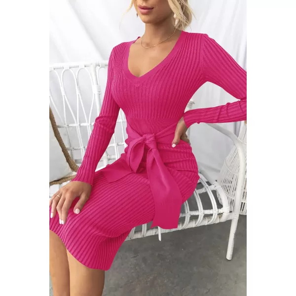 imageZESICA Womens 2023 Fall Sweater Dress V Neck Long Sleeve Ribbed Knit Tie Waist Slim Fit Bodycon Midi DressesRose