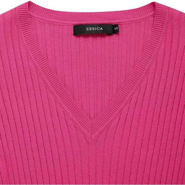 imageZESICA Womens 2023 Fall Sweater Dress V Neck Long Sleeve Ribbed Knit Tie Waist Slim Fit Bodycon Midi DressesRose